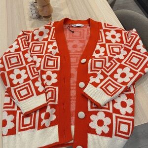 Zara Red and Cream Patterned Cardigan